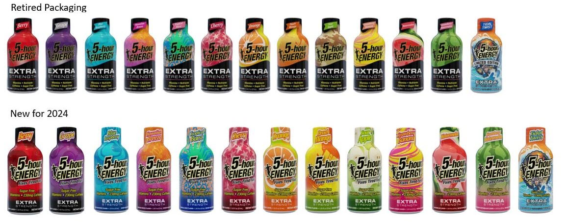 Old 5-hour ENERGY Packaging to new 2024 5-hour ENERGY shot bottle packaging